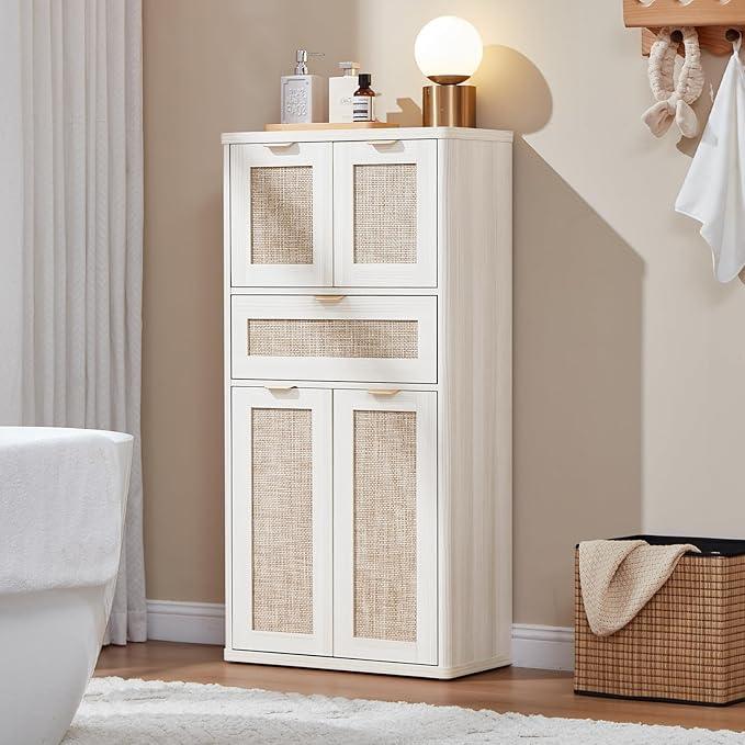 LEYAOYAO 48" Tall Storage Cabinet Set of 2,Rattan Bathroom Floor Cabinets with 2 Doors & 1Drawer,Boho Kitchen Pantry with Adjustable Shelves,Wooden Cupboard for Living Room,Home Office,White Cream Oak - NeatNest