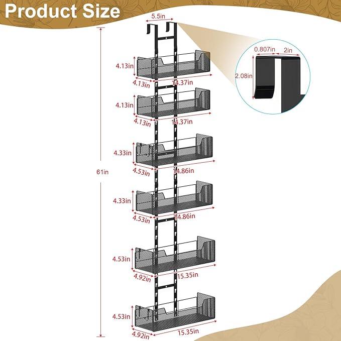 Over The Door Organizer, Metal Hanging Door Organizer with 6 Adjustable Baskets and 5 Hooks, Behind The Door Storage for Closet Cabinet Kitchen Bathroom Bedroom Pantry Organizer, Black - NeatNest