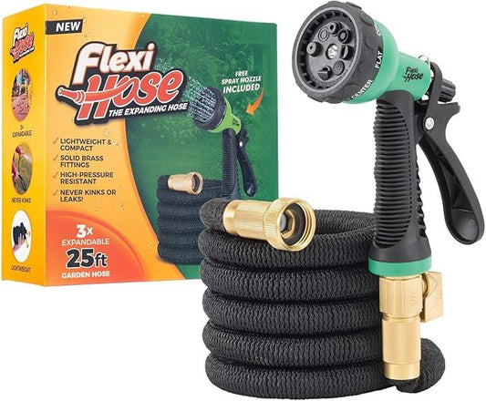 Flexi Hose Expandable Garden Hose with 8 Function Nozzle, 25FT - Lightweight Retractable Garden Hose, Water Hose - No-Kink Flexibility, 3/4 Inch Solid Brass Fittings and Double Latex Core - NeatNest