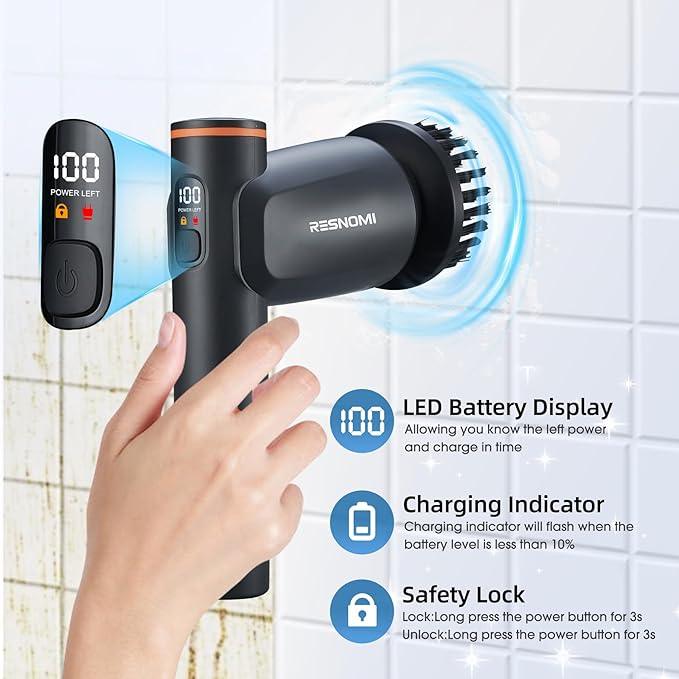 Electric Spin Scrubber, Bathroom Shower Scrubber with LCD Display, 2 Speeds Electric Scrubber for Cleaning with 6 Replaceable Heads, 4-Hour Runtime‌, Cleaning Brush for Kitchen/Car, Gray-Black - NeatNest