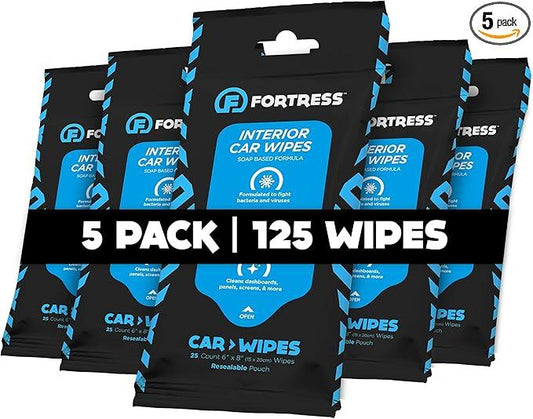 Fortress Car Interior Wipes (25 ct, Pack of 5) for Car Interior Cleaning, Dashboard, Seats, Detailing, and Steering Wheel [Travel Size] Skin-Safe Car Interior Cleaner Supplies - NeatNest