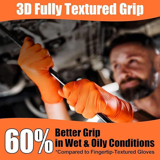 TREEGO Orange Nitrile Gloves 10 Mil Disposable Rubber Mechanic Gloves, Heavy Duty Diamond Grip for Automotive, Latex Free Industrial Work Gloves, 100 Count Large - NeatNest