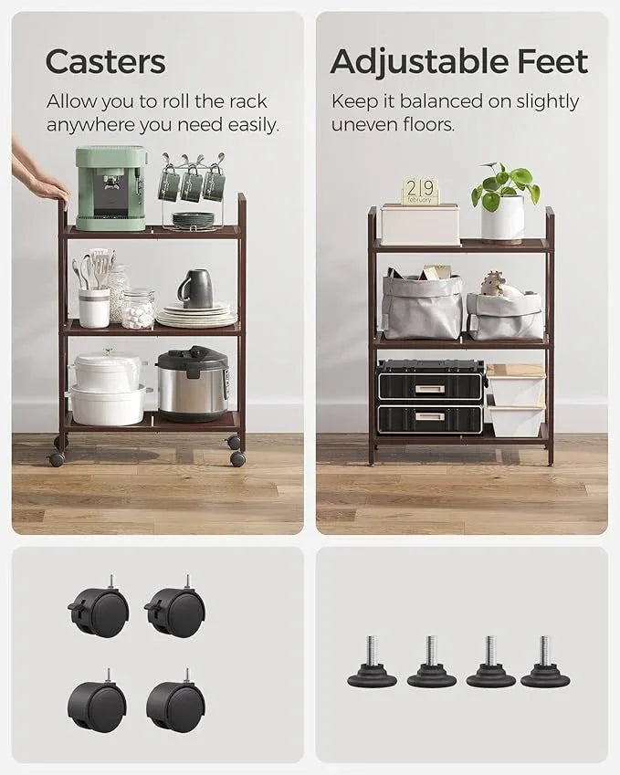 SONGMICS 3-Tier Metal Storage Rack with Wheels, Mesh Shelving Unit with X Side Frames, 23.6-Inch Width, for Entryway, Kitchen, Living Room, Bathroom, Industrial Style, Metallic Bronze UBSC163A01 - NeatNest