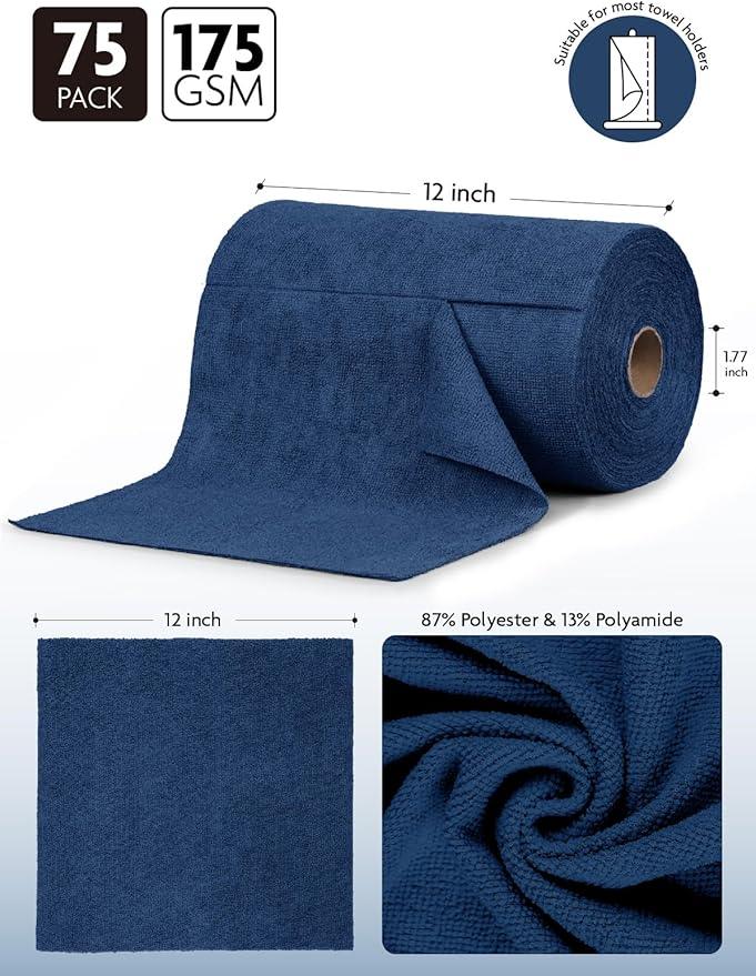 Fantasticlean Microfiber Cleaning Cloth Roll -75 Pack, Tear Away Microfiber Towels, 12" x 12", Reusable, Washable, Scratch Free, Ultra Absorbent Dish Rags for Car, Home, Garage or Shop (Navy Blue) - NeatNest