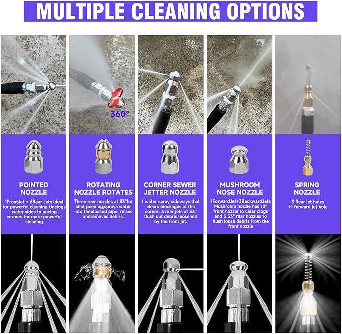 NIFUAL 100FT Sewer Jetter Kit for Pressure Washer, 5800PSI Drain Cleaner Hose 1/4 Inch NPT Corner, Rotating and Button Hose Sewer Jetting Nozzle Waterproof Tape Pearl Corsage Pin Spanner Glove - NeatNest