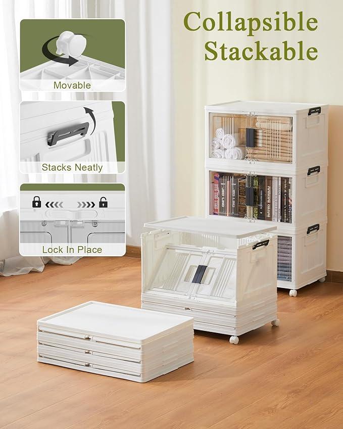 OlarHike 144QT Lockable Storage Bins with Lids - Folding Storage box with Doors and Wheels, Collapsible Plastic Bins for Closets, Stackable Organizer and Containers, Gifts, 3 Pack Cubes - NeatNest