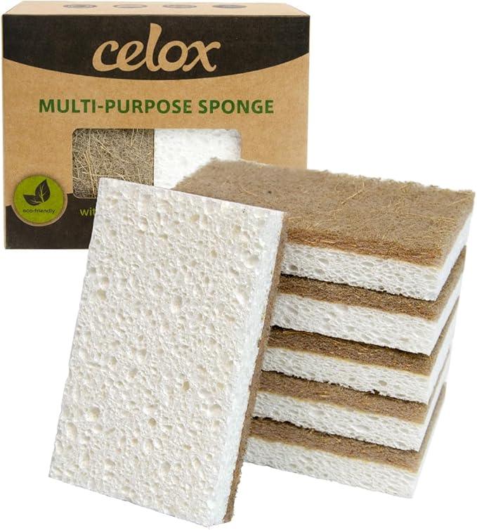 CELOX 6 Pack Coconut Fiber Biodegradable Sponges, Non Scratch Kitchen Cleaning Sponge, Eco-Friendly Dual-Sided Sponge for Dishwashing - NeatNest