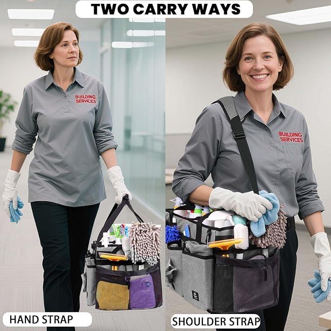 Extra large Cleaning Caddy Bag Built-in Sturdy Support Board, Cleaning Organizer with Detachable Divider, Cleaning Supply Tote with Adjustable Shoulder Strap (Grey, 19'' x 11'' x 11'') - NeatNest