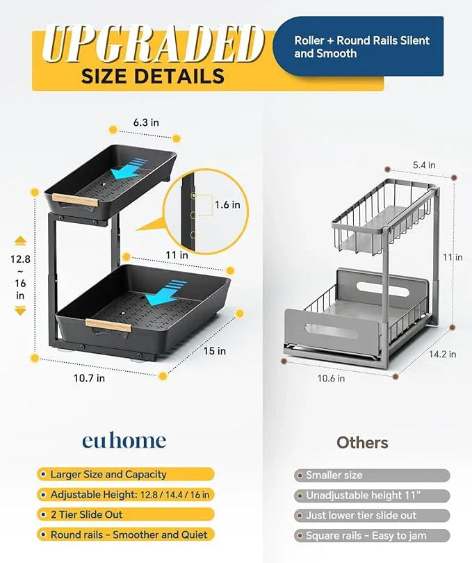 Under Sink Organizer, 2 Tier Adjustable Height Under Sink Organizers and Storage, L-Shaped Slide Out Pull Out Cabinet Organizers for Bathroom Kitchen Pantry (2 Pack, Black) - NeatNest