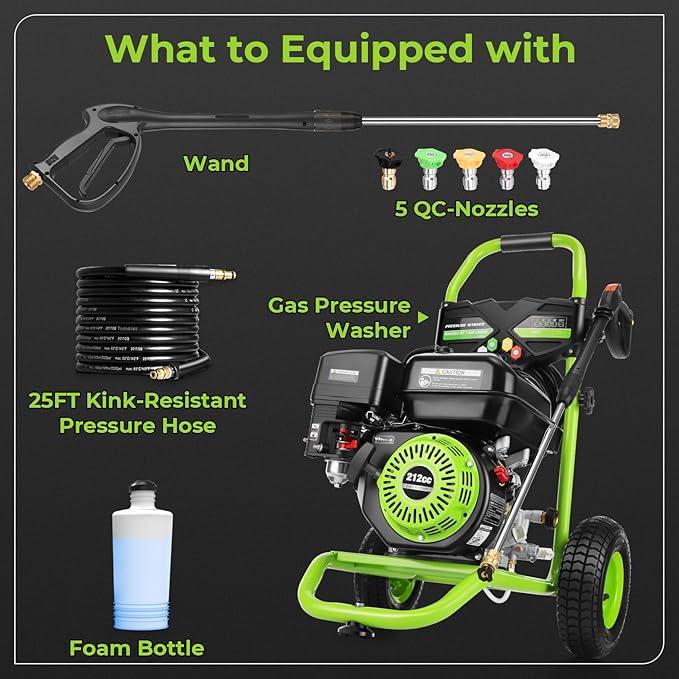 4200 PSI Gas Pressure Washer, 4.0 Max GPM 212CC 7HP Commercial Gas Power Washer, Spray Gun and Wand, 5 Nozzle Set, for Cars/Fences/Driveways/Homes/Patios/Furniture (Green) - NeatNest
