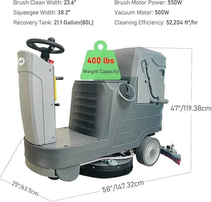 Commercial Ride-On Floor Scrubber Machine 21" Brush w/ 38 Inch Squeegee, 21.1 Gallon Tank Automatic Commercial Riding Floor Cleaning Scrubber - NeatNest