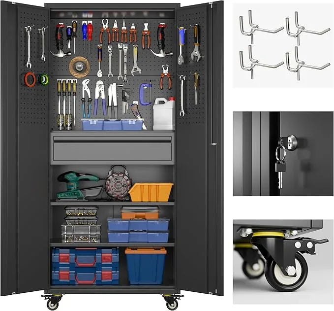 SUXXAN 71" Metal Garage Storage Cabinet with 16 Hooks and Pegboards,1 Drawer Inside Rolling Tool Storage Cabinet with Adjustable Shelves,3 Metal Hanging Rod for Garage,Warehouse - NeatNest