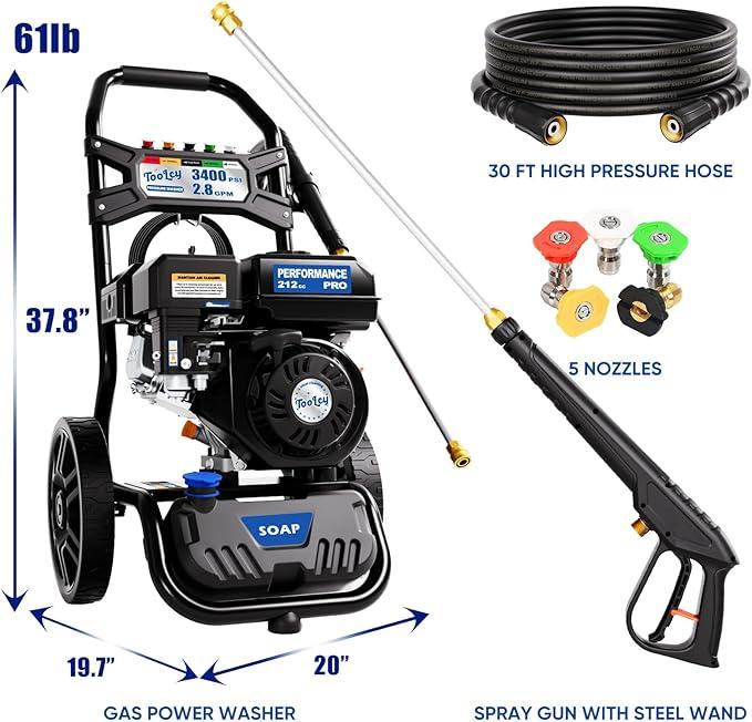 TOOLCY Gas Pressure Washer 3400PSI/2.8GPM Power Washer Upgraded Pump, 30ft Hose, Onboard Soap Tank, Spray Gun &5 Quick-Connect Nozzles for Driveway, Deck, Car Cleaning - NeatNest