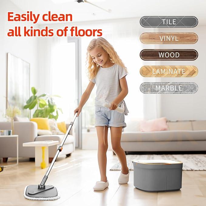 KZKR Spin Mop and Bucket Set with 8 Replaceable Microfiber Mop Pads with Self Separation Dirty and Clean Water System, Self Wringing 360° Rotating Square Mop Head for Hardwood Tile Marble Floors - NeatNest