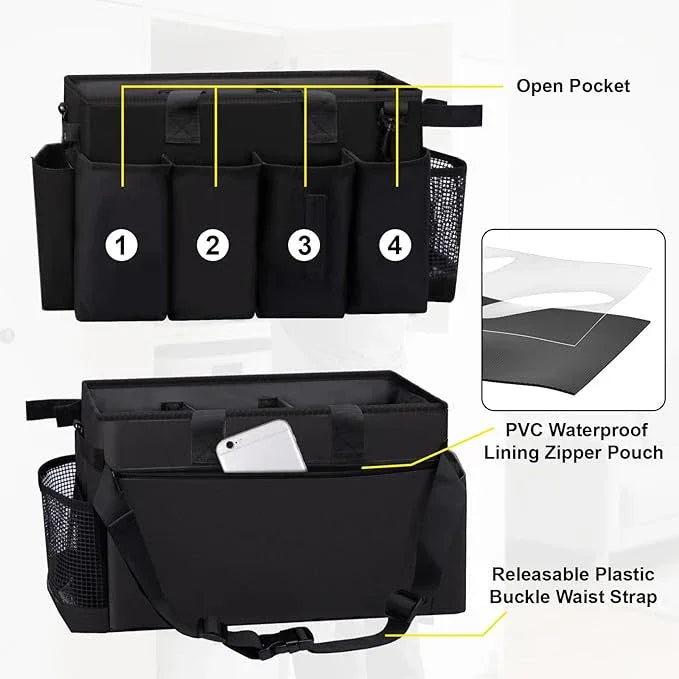 Wearable Large Cleaning Caddy Bag for Housekeeper, Clean Supply Organizer with Adjustable Shoulder, Waist & Handle Straps, Detailing Bag for Kitchen Supplies (Black) - NeatNest