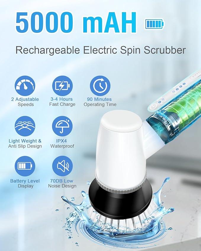 Electric Spin Scrubber Bathroom Scrubber - Cordless Shower Scrubber with Adjustable Handle, 2 Speeds, Bathroom Scrubber with 8 Replaceable Brush Heads, Power Scrubber for Bathroom Bathtub Cleaning - NeatNest