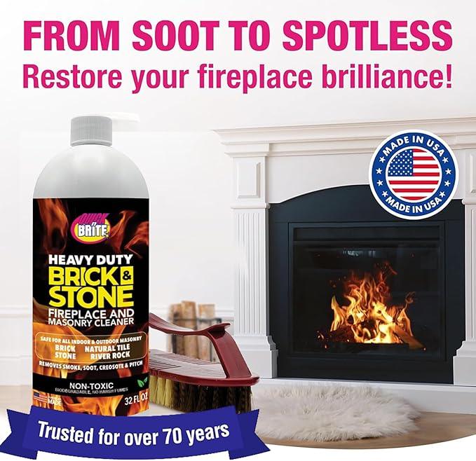 Quick'n Brite Fireplace Brick and Stone Cleaner 32oz with Scrub Brush - Natural Stone, Tile, and Marble Cleaner - Indoor Fireplace and Wood Stove Cleaning Kit - Pellet Stove Creosote Remover - NeatNest