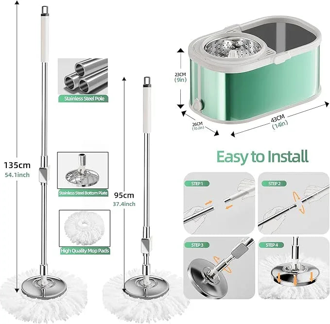 Spin Mop and Bucket with Wringer Set for Home,360° Mop and Bucket with Separate Clean and Dirty Water,Wet Dust Mop for Floor Cleaning with Extra Refills (Green) - NeatNest