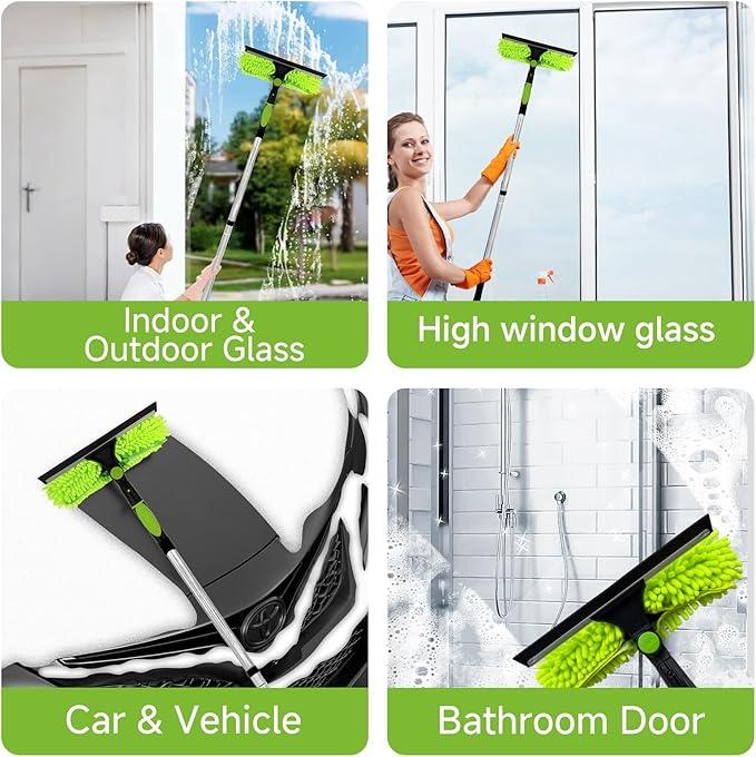 Professional 152" Window Squeegee Cleaner Tool with Extension Pole, 2-in-1 Squeegee for Window Cleaning Kit with Scrubber and Rotating Head, Window Cleaner for Car, Sliding Door, Shower Glass Door - NeatNest