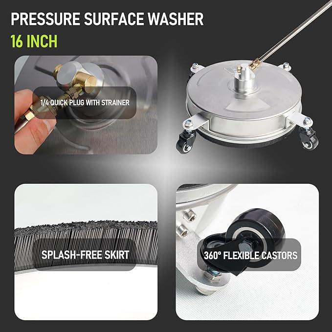 Hourleey 16" Pressure Washer Surface Cleaner, Stainless Steel Surface Cleaner with 4 Wheels for Concrete, Patio, Sidewalk, Deck, Pathway 1/4" Quick Connector, 2 Extension Wand, 4000 PSI - NeatNest