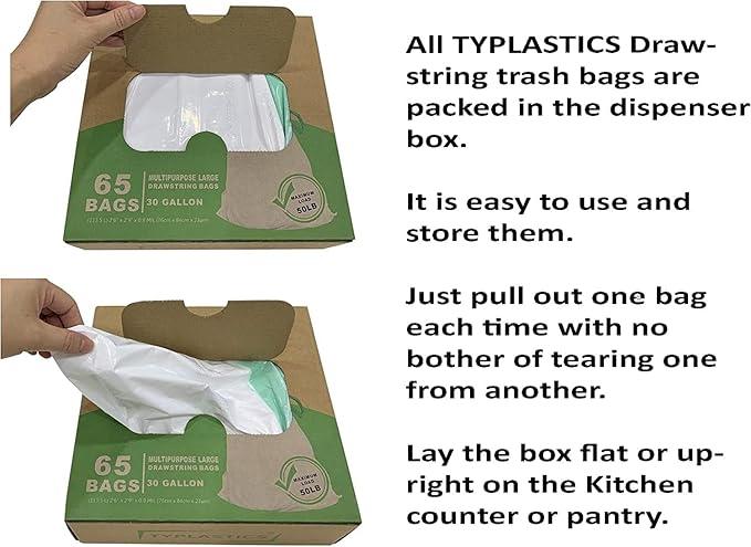 TYPLASTICS Drawstring Trash Bags, 30 Gallon Multipurpose Heavy Duty Garbage Bags, 65 Count - NeatNest