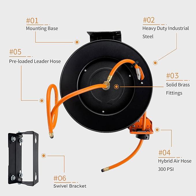 Giraffe Tools TA10 Retractable Air Hose Reel Swivel with 3/8 in. x 25 ft Hybrid Hose Max 300 PSI, Industrial Wall Mounted Compressor Hose Reel Heavy Duty, Air Compressor Heavy Duty Steel Reel - NeatNest