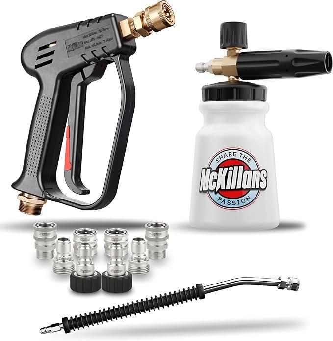 McKillans® Short Pressure Washer Gun Upgrade Kit: Stubby Gun + Rinsing Wand + Wide Mouth Foam Cannon + Stainless Quick Connect Kit (M22-14mm) - NeatNest
