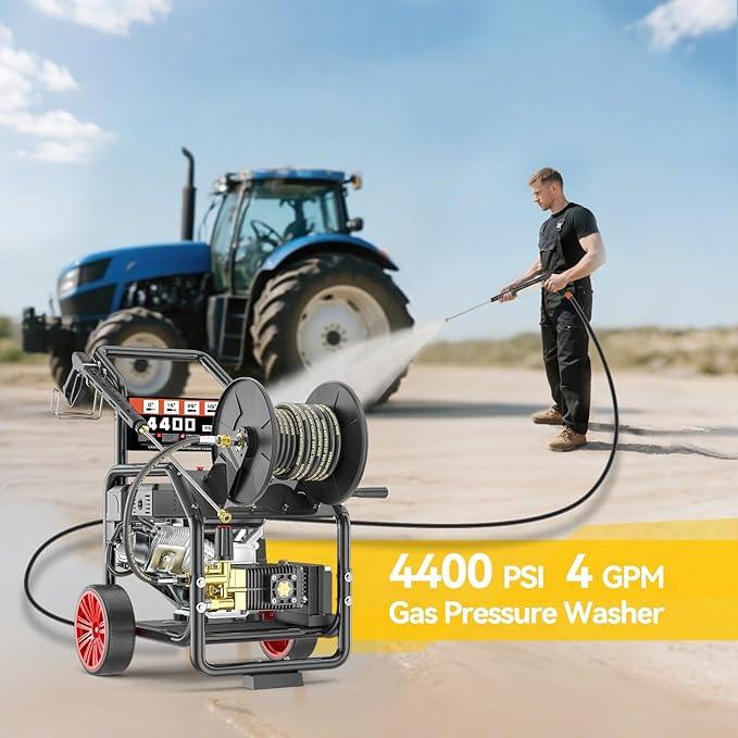 4400PSI Gas Pressure Washer with Hose Reel, 4 GPM, One-Button Electric Start 296cc 15HP Commercial Pressure Washer with 50FT 3/8" Hose, Spray Gun & Wand, 5 Quick Connect Nozzles - NeatNest