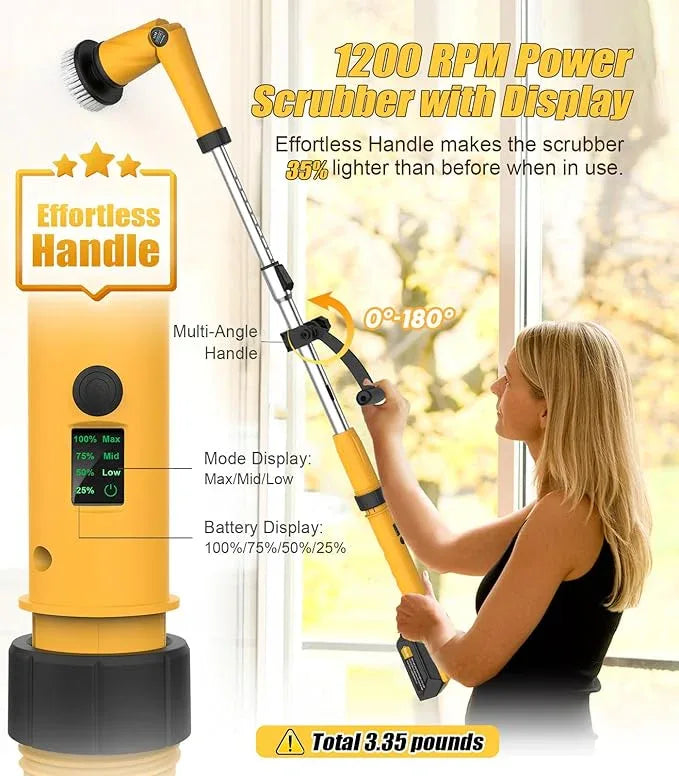 Qimedo Electric Spin Scrubber Extra Large Brush Q3,6000 mAh Best Battery Power Scrubber for Cleaning,1200RPM Shower Cordless Cleaning Brush with 8 Brushes for Bath/Tub/Tile/Floor (Smart Display) - NeatNest