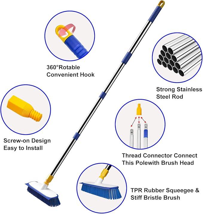 ITTAR 12" Wide Floor Scrub Brush with Long Handle, 2-in-1 Deck Cleaning Brush with 55" Extendable Pole, Heavy-Duty Tub Tile Scrubber Cleaner Brush for Shower Floor, Kitchen, Patio, Garage, Restaurant - NeatNest