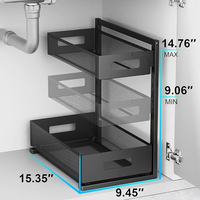 Under Sink Organizer Pull Out Cabinet Organizer Adjustable Height 2 Tier with Sliding Drawers Kitchen Bathroom Organizer and Storage(1pc) - NeatNest