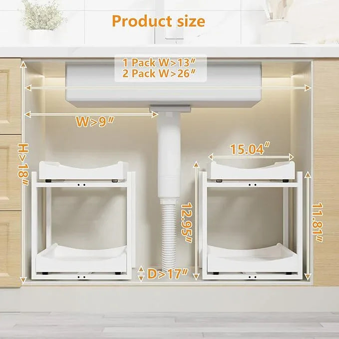 Bamboo Under Sink Organizer Adjustable Height 2 Tier Bathroom Organizer Pull Out Cabinet Storage Kitchen Heave Duty Wood Slide Ou Shelf for Kitchen Bathroom (White, 2 Packs) - NeatNest