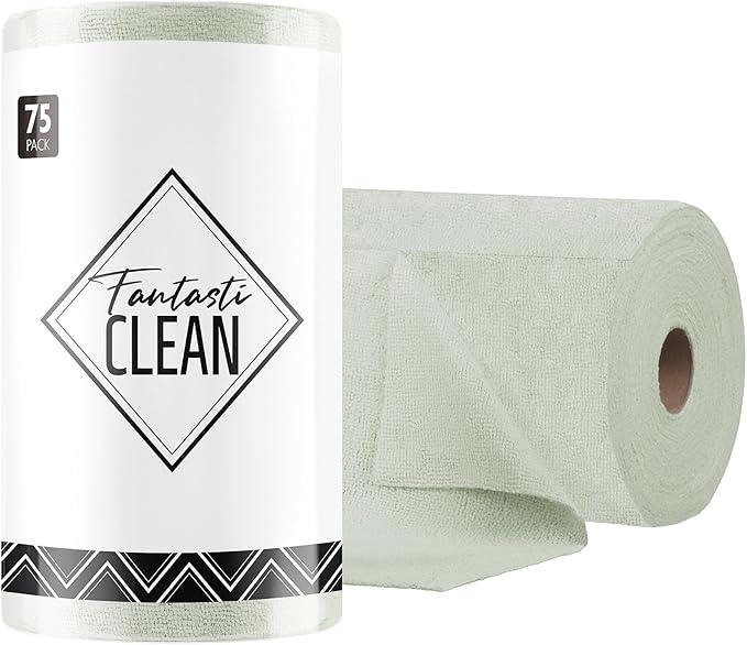 Fantasticlean Microfiber Cleaning Cloth Roll -75 Pack, Tear Away Microfiber Towels, 12" x 12", Reusable, Washable, Scratch Free, Ultra Absorbent Dishcloth for Home Supplies, Car, Pet (Moss Green) - NeatNest