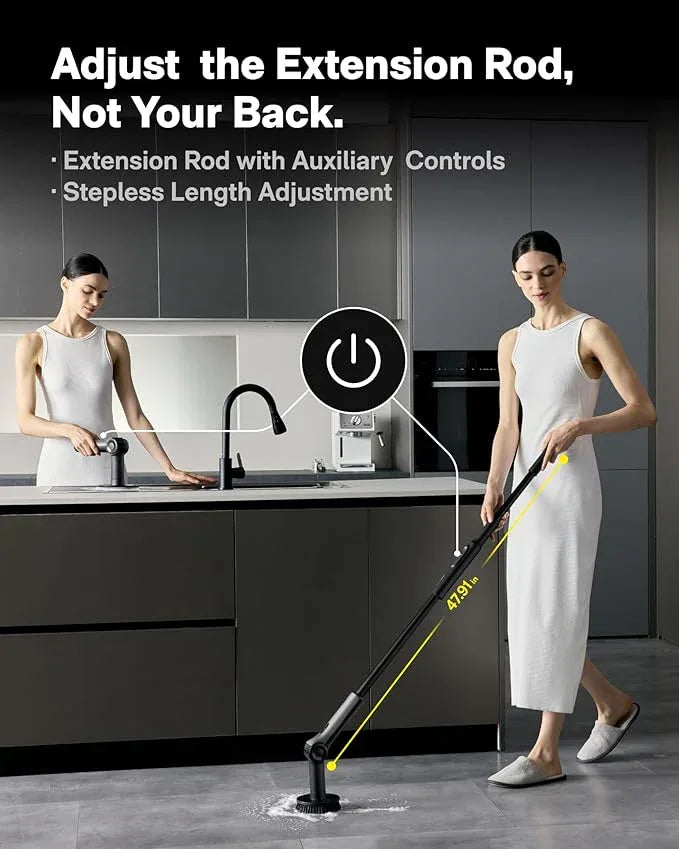 HOTO Flexi™ Cordless Electric Spin Scrubber, Adjustable Angle, Extendable Handle, Smart Display, IPX7 Waterproof, Powerful Cleaning Scrubber with 8 Replaceable Brush Heads, for Bathroom, Tile, Bathtub - NeatNest
