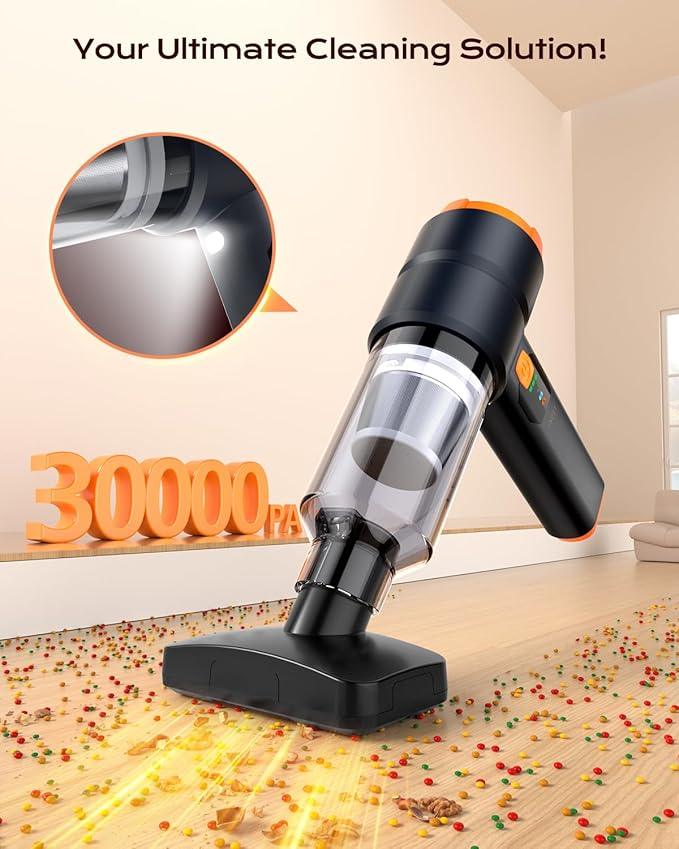 Car Vacuum Portable Cordless, 4-in-1 Handheld Vacuum Cordless with 30000PA Suction, 130000RPM, 6800mAh Battery, 10 Nozzles, Rubber Paint Material for Car, Home, Pet Cleaning（Black Orange） - NeatNest