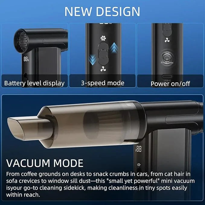 Electric Air Duster-130000 RPM Brushless Motor, 2-in-1 Blow & Vacuum, 4000mAh Rechargeable, 3 Gear Adjustable Compressed Air Duster for Computer, Keyboard, House and Car, 11pcs Accessories - NeatNest