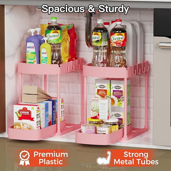 2 Pack Multi-Purpose Pull-Out Storage Organizers, Under Sink & Cabinet Organizers, 12.8 Inch Pink - NeatNest