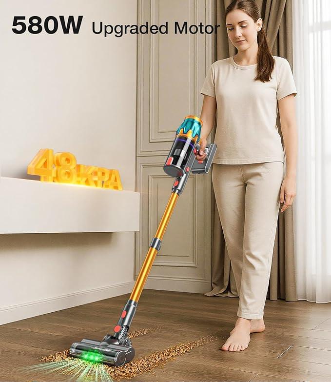 Cordless Vacuum Cleaner, 580W 48KPA 70Mins Vacuum Cleaners for Home, Cordless Stick Vacuum with Touch Screen, Anti-Tangle & Wall Mount Charge, Wireless Vacumm for Home/Pet Hair/Carpets/Floors - NeatNest