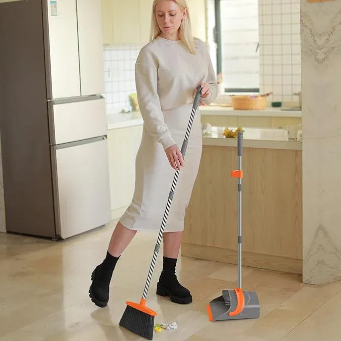Broom and Dustpan Set for Home, Broom and Dustpan Combo for Office, Long Handle Broom with Upright Standing Dust pan,Indoor&Outdoor Sweeping (Gray&Orange) - NeatNest
