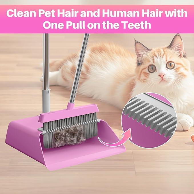 JOYMOOP Pink Broom and Dustpan Set with 56” Handle, Upright Angle with Built-in Comb Teeth for Hardwood Floors and Pet Hair - NeatNest