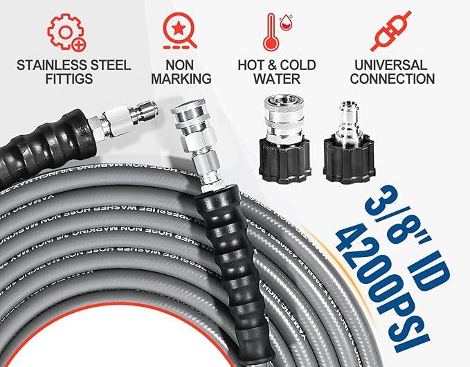 YAMATIC 3/8" Pressure Washer Hose 100FT with Stainless Steel Swivel 3/8" Quick Connect, 4200 PSI Non Marking Rubber Wear Resistant Steel Braided Industry Grade for Hot/Cold Water Gas Power Washer - NeatNest