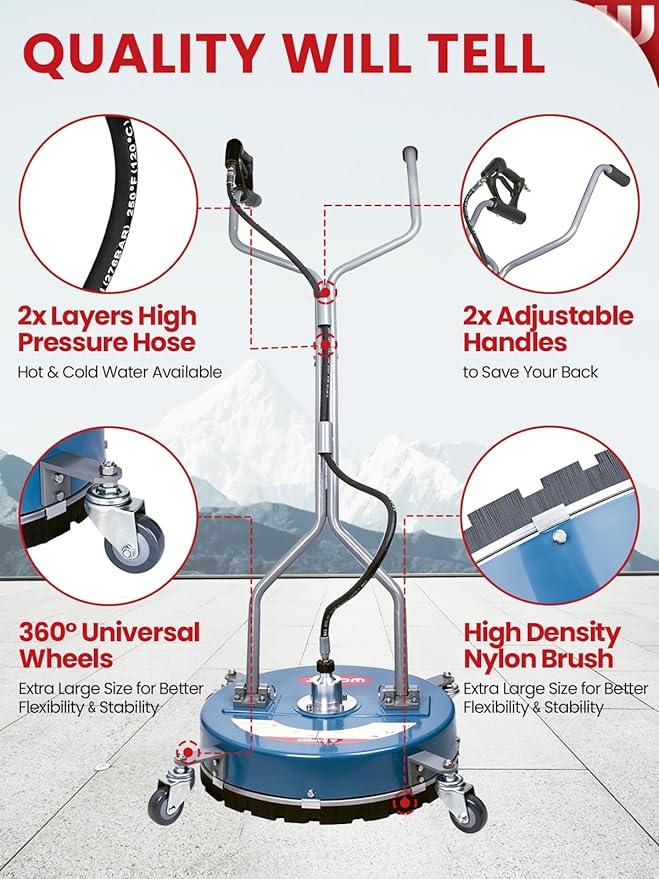 WOJET 20” Pressure Washer Surface Cleaner with 4 Wheels & Dual Handles, 4500PSI Surface Cleaner Attachment for Pressure Washer for Concrete Driveway Sidewalk Deck Patio Cleaning, 3/8'' Quick Connect - NeatNest