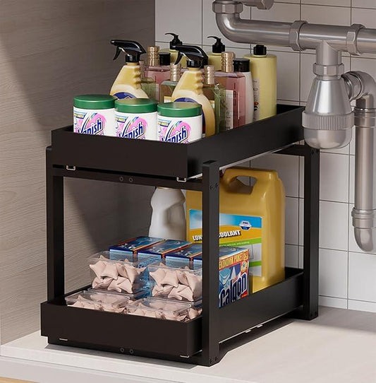 Bamboo Wood Under Sink Organizer 1 Pack, Pull Out Cabinet Organizer 2 Tier Under Sink Organizers and Storage with Sliding Drawer Sturdy Easy Assembly for Kitchen Bathroom Undersink (Black, 1 Pack) - NeatNest