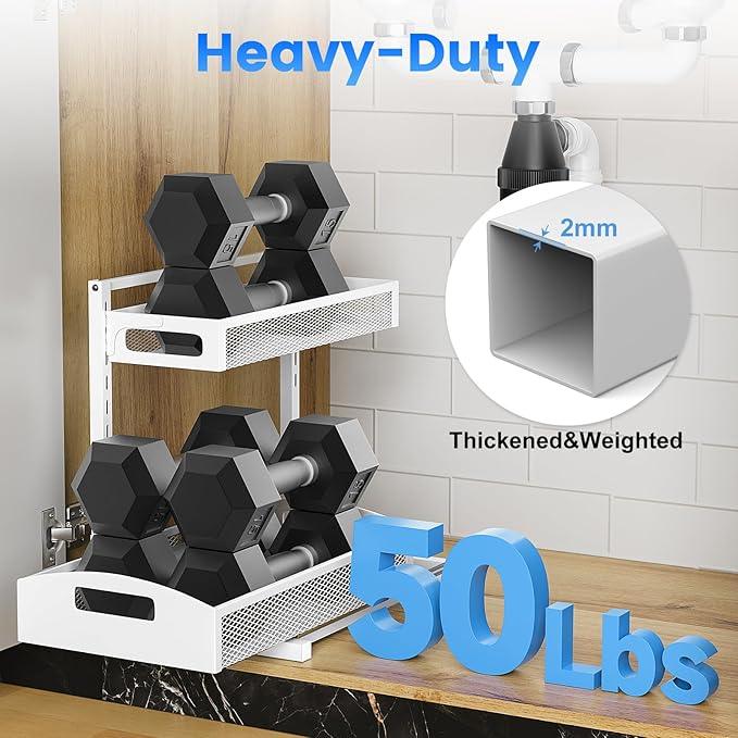 Metal Under Sink Organizer, Pull Out Cabinet Organizer Rack with Silk-Smooth Bottom Drawer, 5-Level Adjustable, Multi-Purpose Storage Shelf for Bathroom, Kitchen, Vanity, Pantry (2-Pack) - NeatNest
