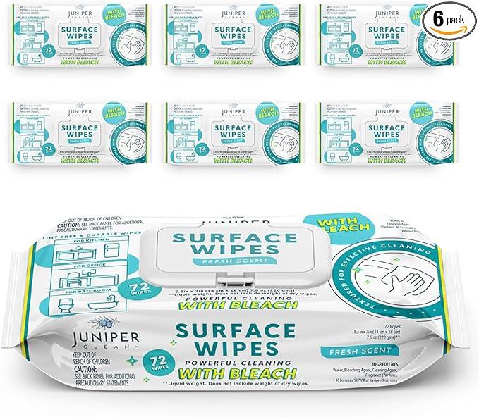 6 Pack Surface Cleaning Wipes with Bleach, All-Purpose Cleaner for Bathroom, Kitchen, Office, 72 Count Soft Flow, Fresh Scent, Lint Free & Durable - NeatNest