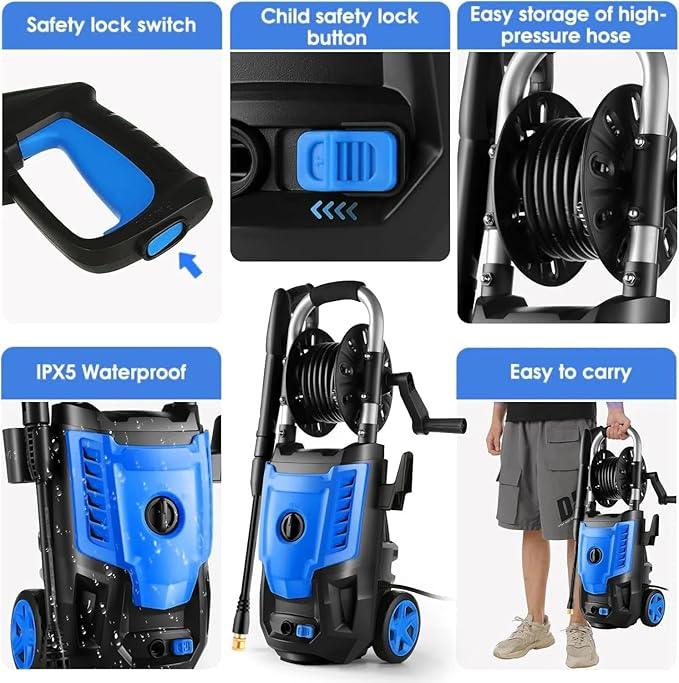 Pressure Cleaner- High Power Cleaner with 33FT Hose Reel, 4 Spray Tips and Soap Bottle for Car Washing, Fence Cleaning, Patio Maintenance（Upgraded） (Blue) - NeatNest