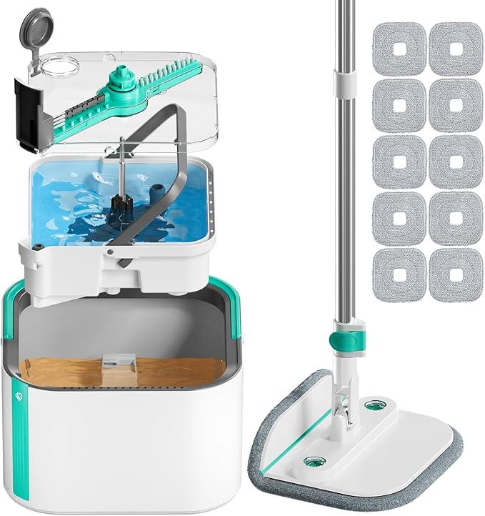 Upgraded Spin Mop and Bucket Self-Standing Mop Bucket Separate Dirty and Clean Water System Self Wringing 360° Rotating & 90° Foldabl Mops and Buckets for Floor Cleaning (Blue, 10Pads) - NeatNest