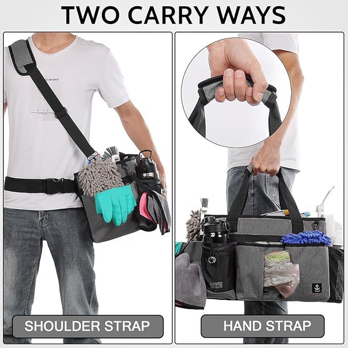 Large Cleaning Caddy Bag Built-in Sturdy Support Board, Cleaning Organizer with Detachable Divider, Cleaning Supply Tote with Adjustable Shoulder Strap&Waist Belt for Cleaners & Housekeeper - NeatNest