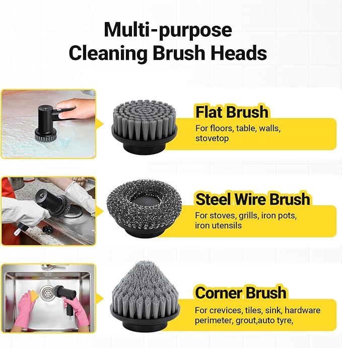 Electric Spin Scrubber, 3000 mAh Cordless Power Scrubber with 8 Replaceable Heads, Dual Speed Lightweight Handheld Scrubber for Cleaning Stove/Bowl/Sink/Corner/Tile/Grout (Black) - NeatNest