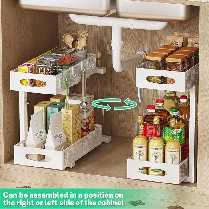 Under Sink Organizer, 2-Tier Pull Out Cabinet Organizer with Adjustable Height, Use in Kitchen Bathroom Cabinet and Countertop Storage, White, 2-Pack - NeatNest